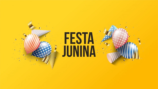 Festa junina ilustração com balões 3d com chapéus de aniversário 3d.