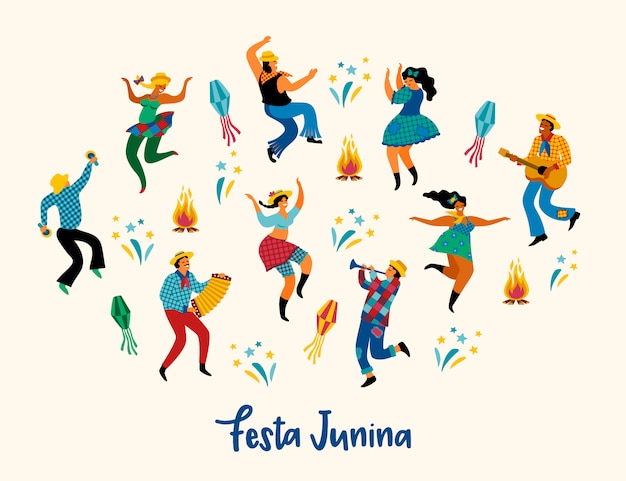 Vetor festa junina. ilustração de homens engraçados da dança e mulheres em trajes brilhantes.