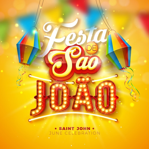 Vetor festa junina são joão design com lanterna de papel e letras 3d são joão e lâmpada outdoor