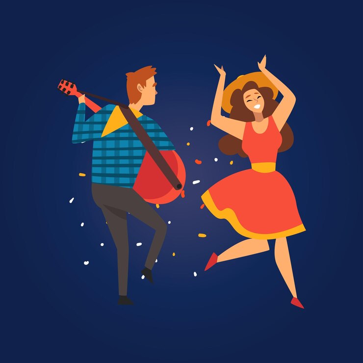 Vetor festa junina tradicional brasil festival de junho pessoas felizes dançando em festa folclórica jovem tocando guitarra ilustração vetorial em estilo plano