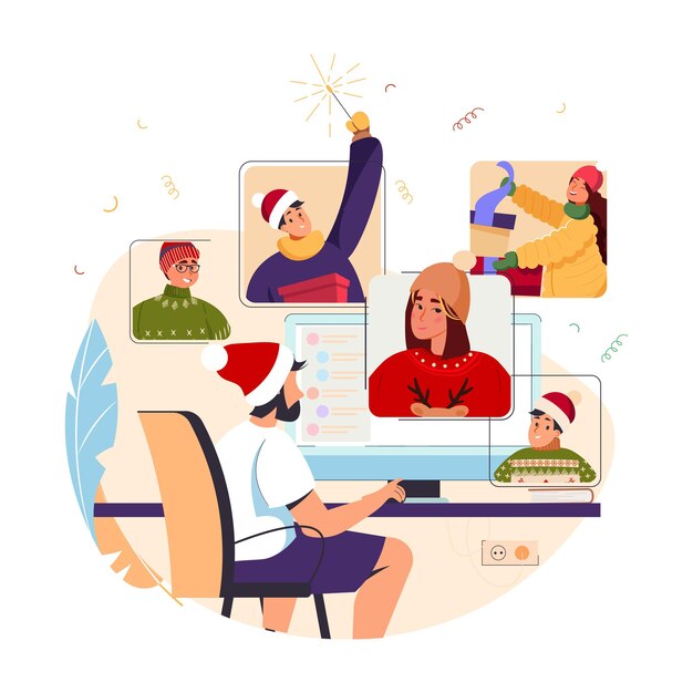 Festa online de Natal ou Ano Novo Diversas pessoas comemorando o ano novo amigos felizes no chat de vídeo