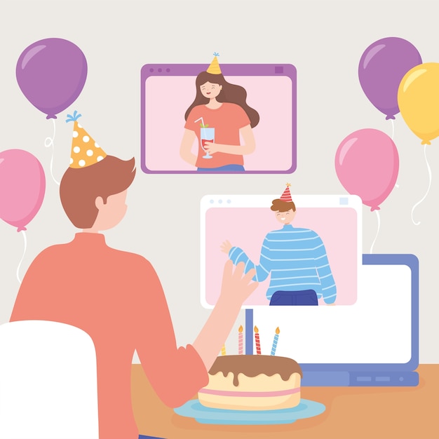 Festa online, festa homem com bolo e balões com amigos pelo computador