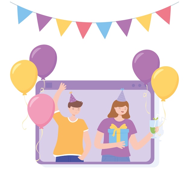 Festa online, videochamada com gente feliz em festa