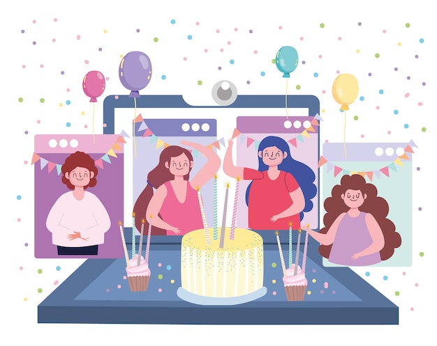 Festa virtual de aniversário encontrando amigos na ilustração de quarentena