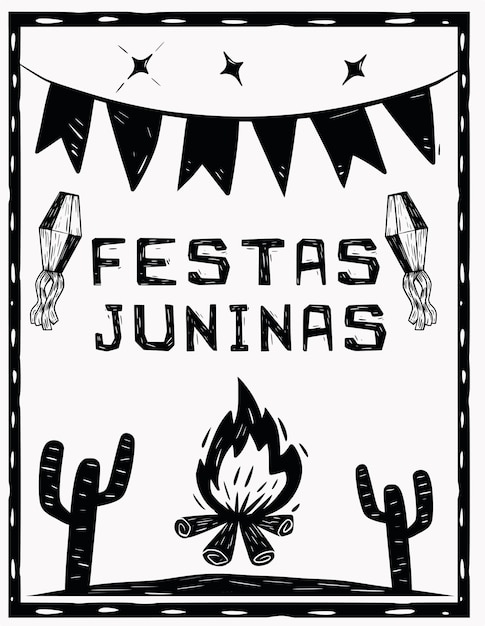 Vetor festas juninas festivais de junho tradicional festa brasileira estilo firebone e cactus xilogravura