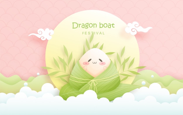 Festival chinês do barco do dragão com bolinhos de arroz, ilustração bonito do caráter.