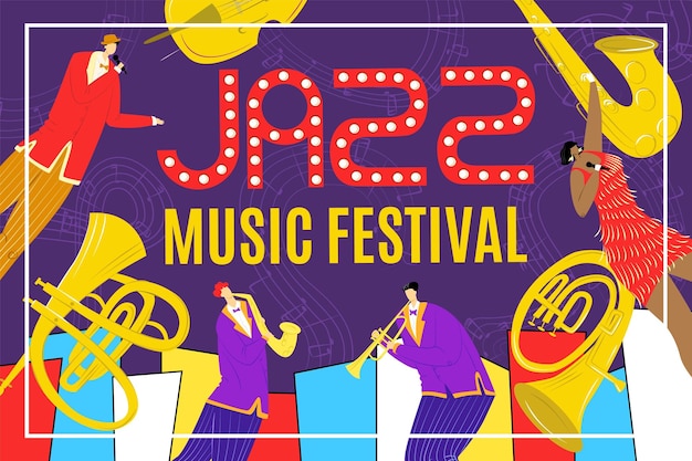 Vetor festival de jazz com instrumento de saxofone cantor de jazz e saxofonista tocando vetor de cartaz de música