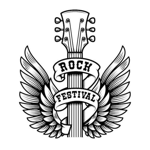 Festival de rock. cabeça de guitarra com asas. elemento de design para cartaz, camiseta, emblema, sinal, etiqueta. ilustração vetorial