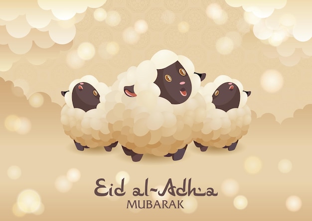 Festival de sacrifício ram eid al adha mubarak cartão com ovelhas e ornamento de luzes brilhantes