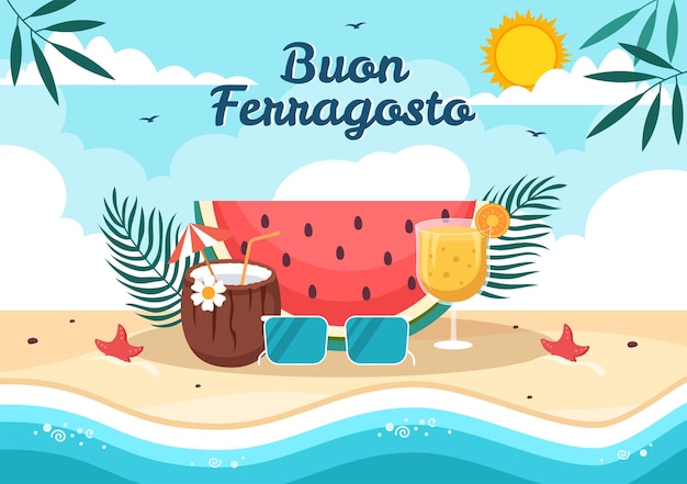 Festival de verão italiano buon ferragosto em ilustração de desenhos animados de praia