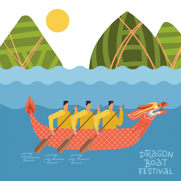 Festival do Barco-Dragão - Duanwu ou Zhongxiao. Paisagem do rio com barco dragão chinês com homens e montanhas em forma de bolinhos de massa. Ilustração plana