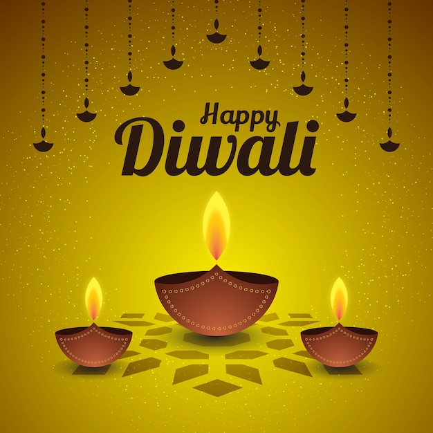 Festival Hindu Diwali Wishes Post com Diya, lâmpadas penduradas e rangoli