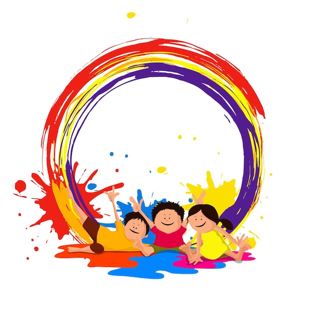 Vetor festival indiano de cores holi concept com crianças bonitas brincando com aquarelas e espaço de texto para sua mensagem