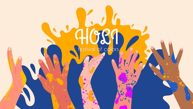 Festival indiano Feliz Holi fundo colorido Ilustração colorida com mãos em tintas