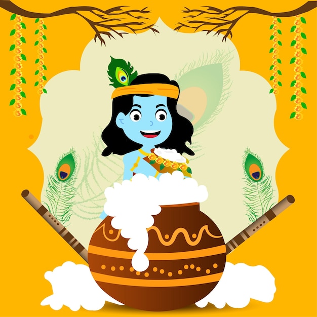 Festival indiano feliz janmashtami ilustração vetorial desenhada à mão design criativo amp background