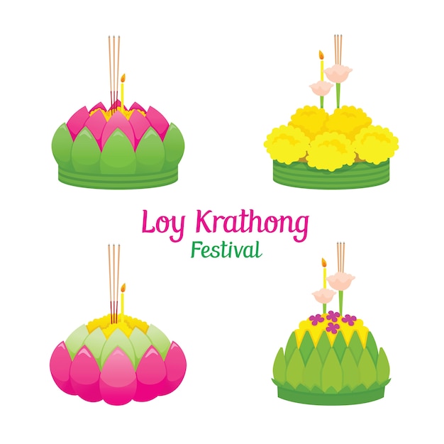 Festival loy krathong, conjunto de krathongs, celebração e cultura da tailândia