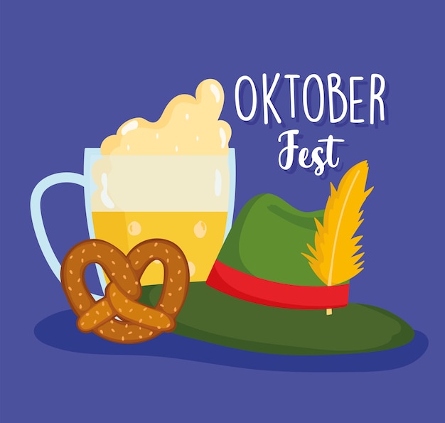 Festival Oktoberfest, cerveja com chapéu de espuma e pretzel, ilustração tradicional da celebração da Alemanha