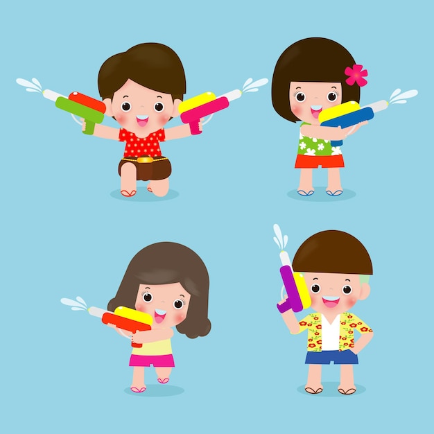 Festival Songkran. conjunto de crianças segurando pistola de água, espirrando água.