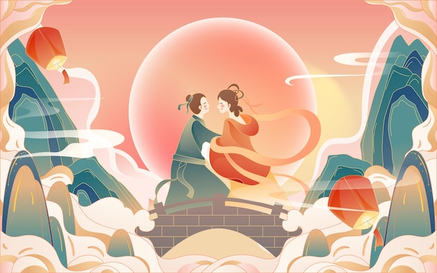 Festival tradicional chinês qixi festival cowherd e weaver girl se encontram na ponte de pega