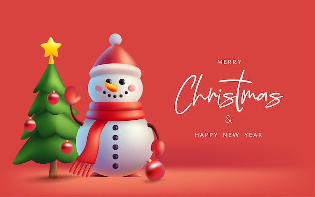 Festive 3D bonito boneco de neve e pinheiro para bandeira de Natal design de feriado com elementos realistas