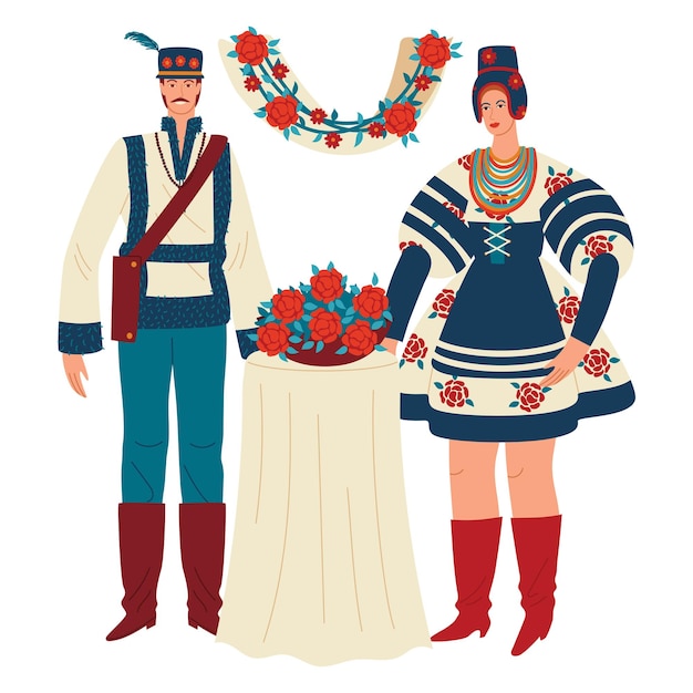 Festividades tradição húngara homem mulher casal na cultura roupas de casamento ilustração vetorial tradição sérvia romena para casal