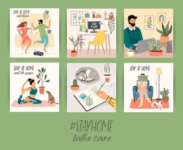 Ficar em casa. Homens e mulheres jovens ficam em casa aconchegante. ilustração.
