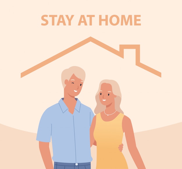 Vetor ficar em casa. jovem casal dentro de casa. conceito para controlar a doença em 2019-ncov. ilustração em um estilo simples
