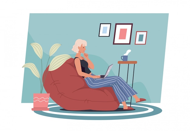 Vetor ficar em casa. jovem mulher que trabalha no computador portátil em casa. freelancer, trabalho em casa, trabalho remoto e escritório em casa. ilustração em vetor em um estilo simples