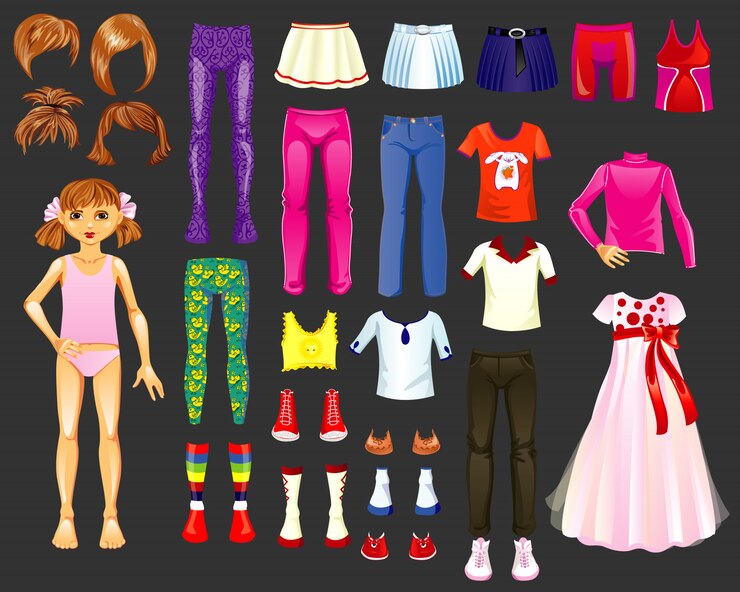 Vetor figura de uma menina e um conjunto de roupas