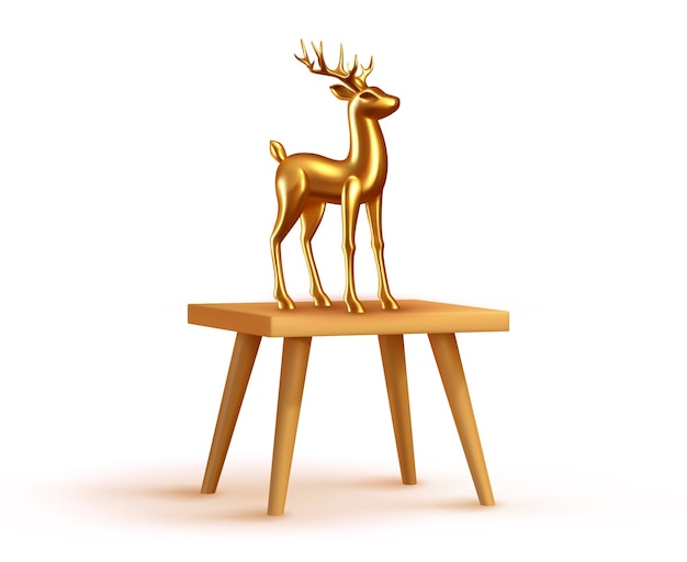 Figura em pé de cervo dourado sobre a mesa. projeto 3d volumétrico de vidro de veado. renas de metal dourado. ilustração vetorial