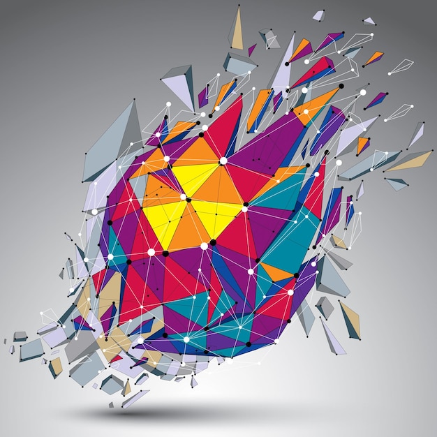 Figura facetada 3d colorida abstrata com linhas e pontos conectados. vector baixo poli elemento de design quebrado com fragmentos e partículas. efeito explosão.