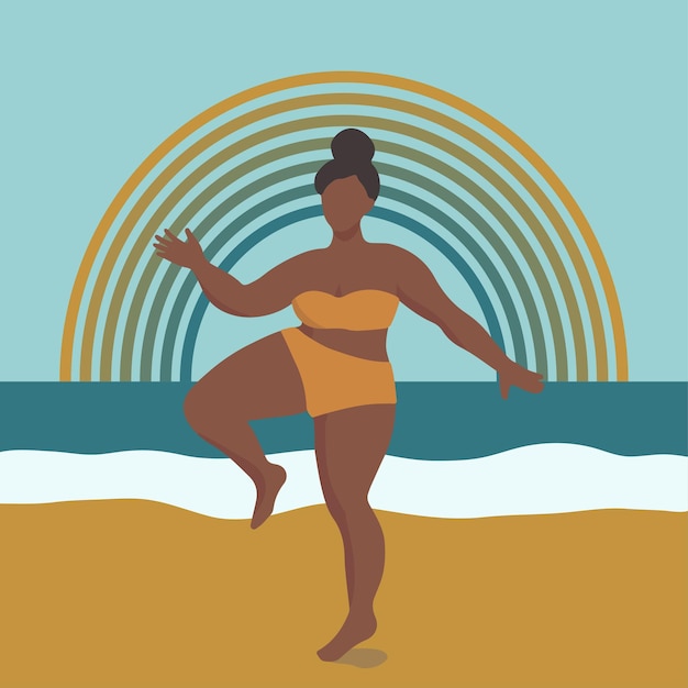 Figura feminina curvilínea abstrata na praia com arco-íris ao fundo