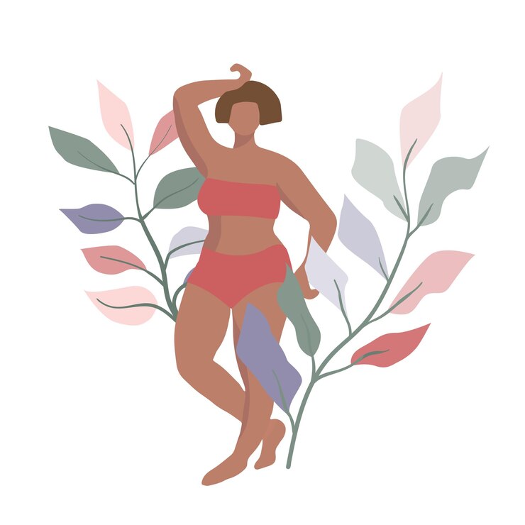 Vetor figura feminina curvilínea ilustração de design plano mínimo simples com folhas de plantas como pano de fundo