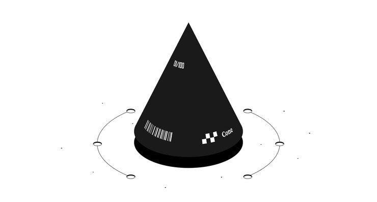 Vetor figura matemática do cone. ilustração 3d isométrica preto e branco isolada no fundo branco. desenho vetorial.