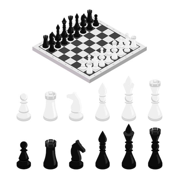 Figuras na ilustração isométrica do tabuleiro de xadrez, conjunto de peças de xadrez preto e branco, rei, rainha, bispo, cavalo, torre e peão, esporte intelectual clássico, lazer, jogo tático, pensamento estratégico