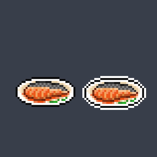 Filé de atum em um prato em estilo pixel art