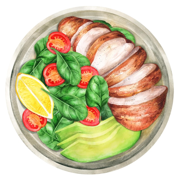 Filé de carne assada com salada fresca e abacate servido com limão ilustração em aquarela