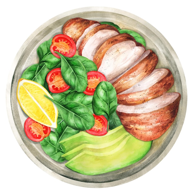 Vetor filé de carne assada com salada fresca e abacate servido com limão ilustração em aquarela