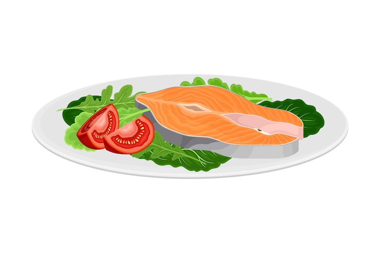Vetor filete de salmão descansado em um prato com vegetais verdes ilustração vetorial