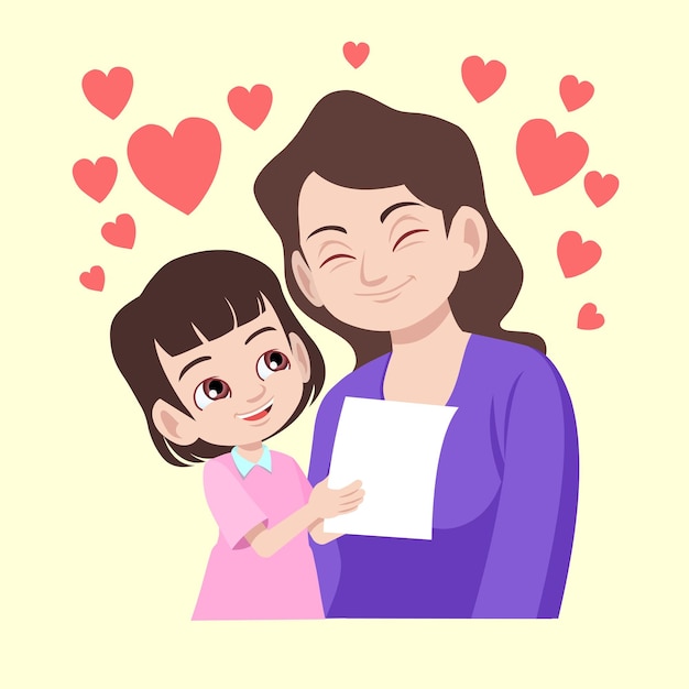 Filha dá um cartão de carta para sua mãe para desejar a sua mãe um Feliz Dia da Mãe