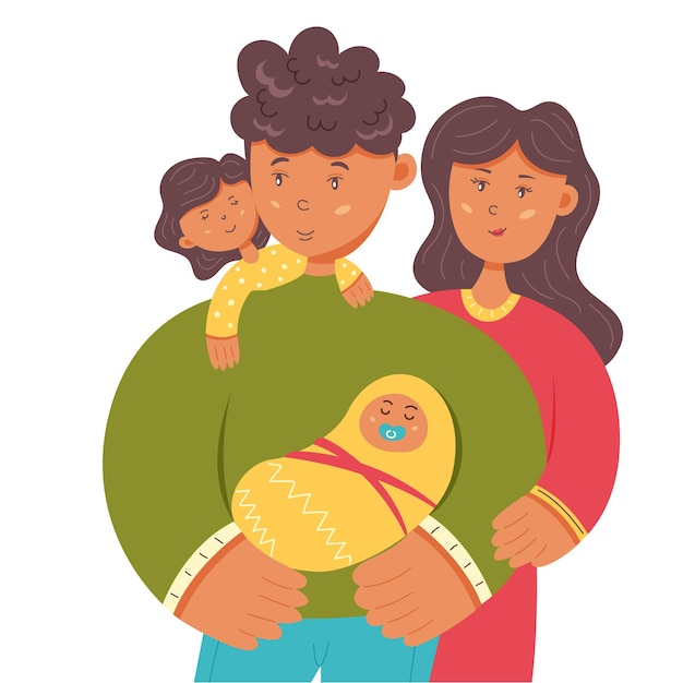 Filha e bebê de pai de mãe de família feliz. família, pai e dia das mães. ilustração de personagem vetorial