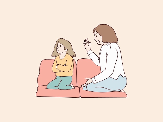 Filha mal-humorada sendo repreendida pela ilustração de estilo coreano simples da mãe