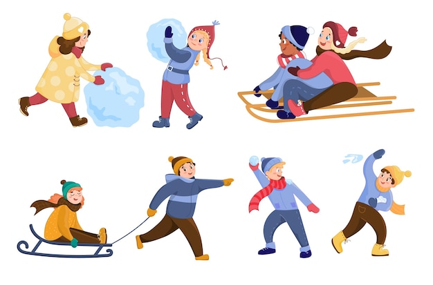 Filhos bonitos brincam do lado de fora no inverno. eles fazem um boneco de neve, jogam bolas de neve e trenó. um conjunto de personagens em um fundo branco para um design de natal em estilo cartoon.
