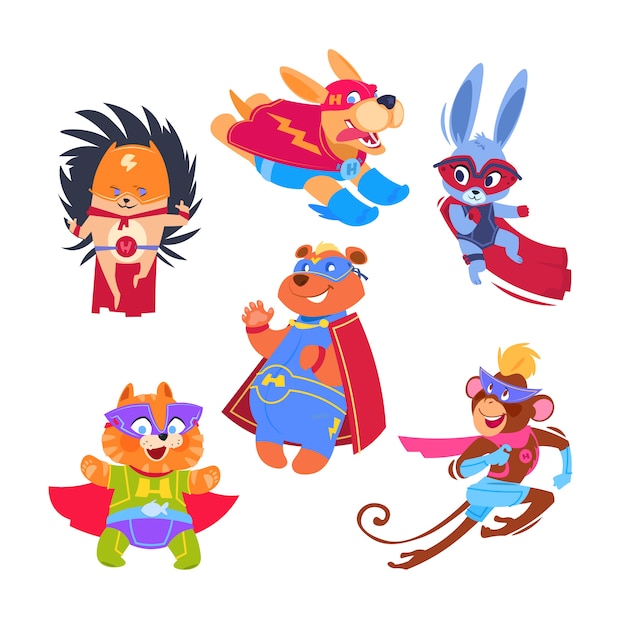 Filhos de animais de super-herói. Animais engraçados, vestindo trajes de super-heróis. Conjunto de caracteres de vetor de cosplay