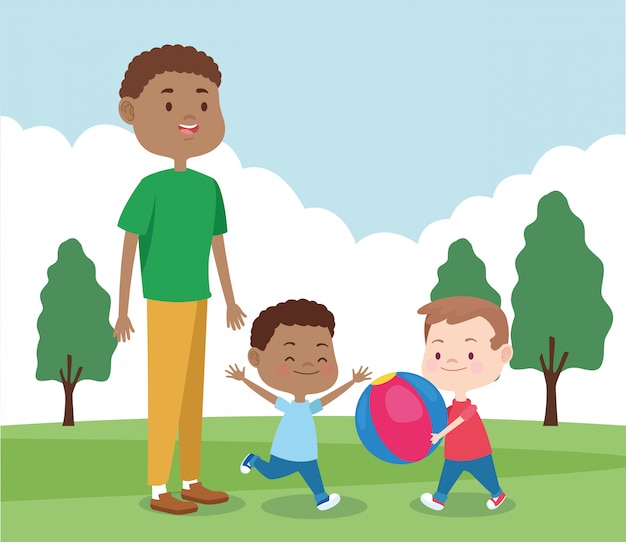 Filhos e pai feliz dos desenhos animados