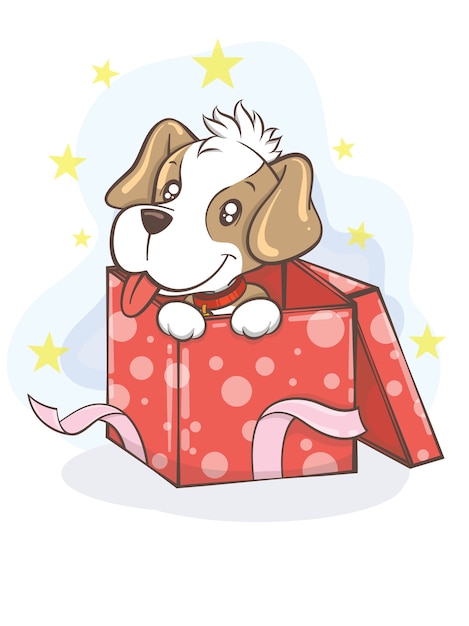 Filhote de cachorro beagle fofo com caixa de presente ilustração de personagem de desenho animado - feliz natal