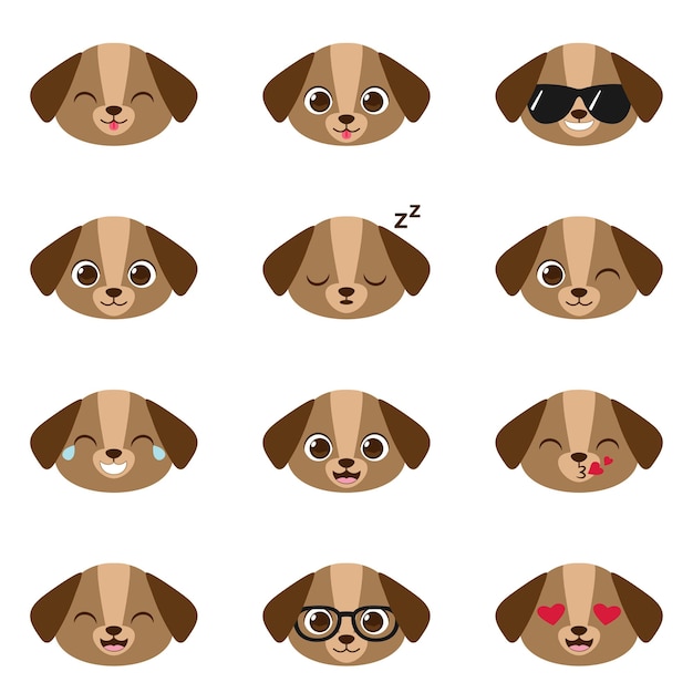 Filhote de cachorro bonito dos desenhos animados com diferentes expressões. conjunto de vetores de emojis de cachorro