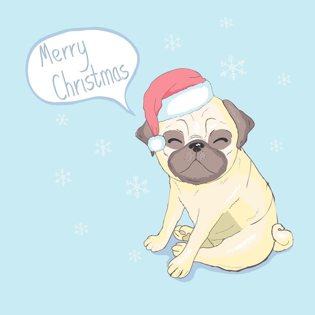 Filhote de cachorro bonito em um chapéu e cachecol de Ano Novo Ilustração vetorial Cão de pedigree Papai Noel Ano Novo e Natal