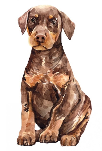 Vetor filhote de cachorro doberman pinscher. aquarela de cachorro fofo.