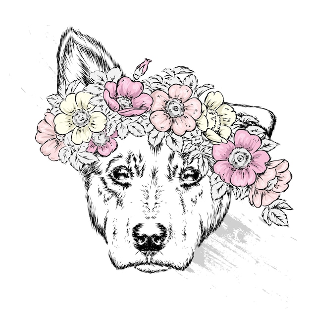 Filhote de cachorro em uma coroa de flores